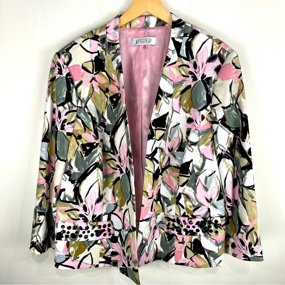 Kasper Floral Print Beaded Business Open Front Blazer Suit Jacket Size 18W